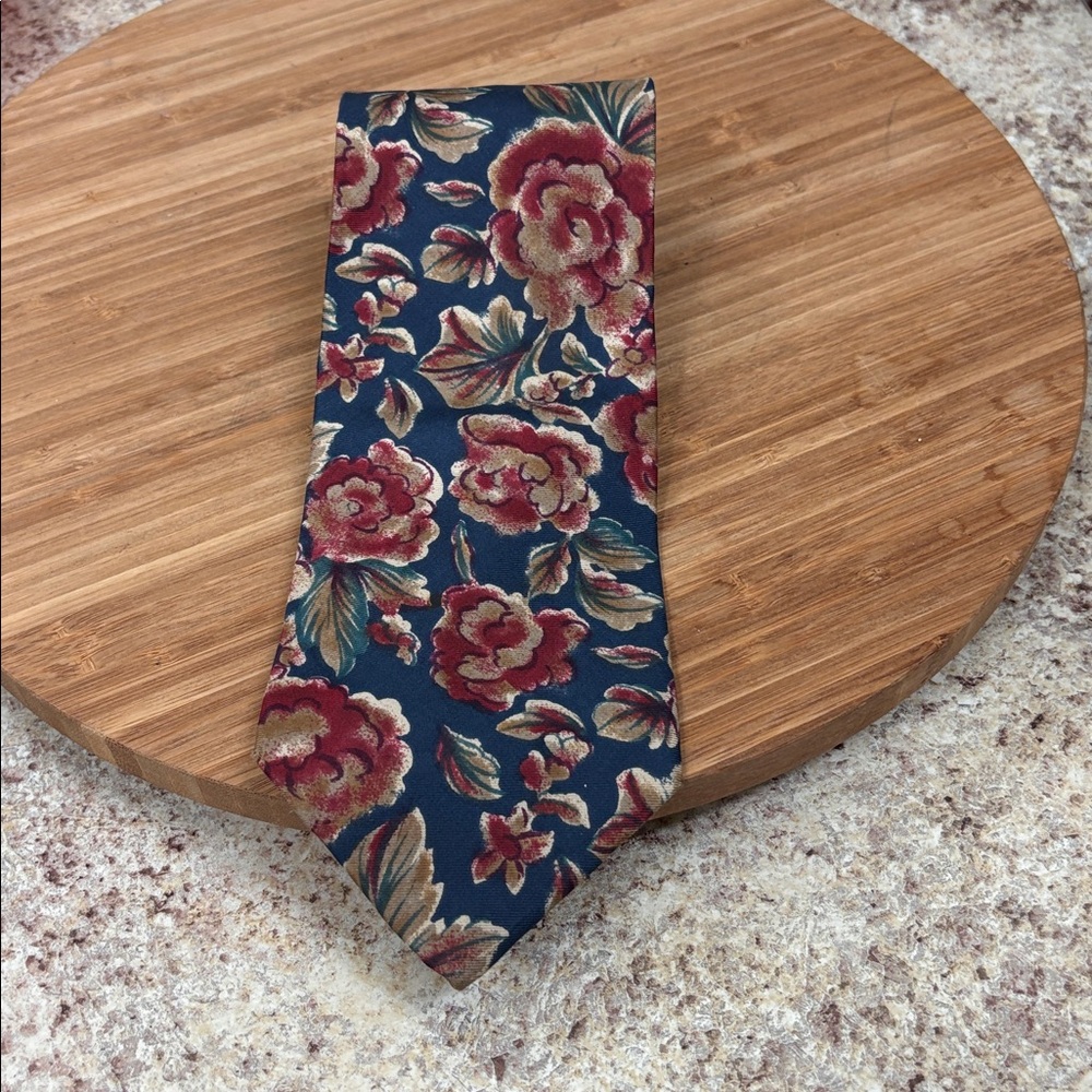 Christian Dior Navy Tie with Red Floral and Gold and Blue Accents - Picture 4 of 5